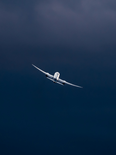 Airplane flying through the blue sky